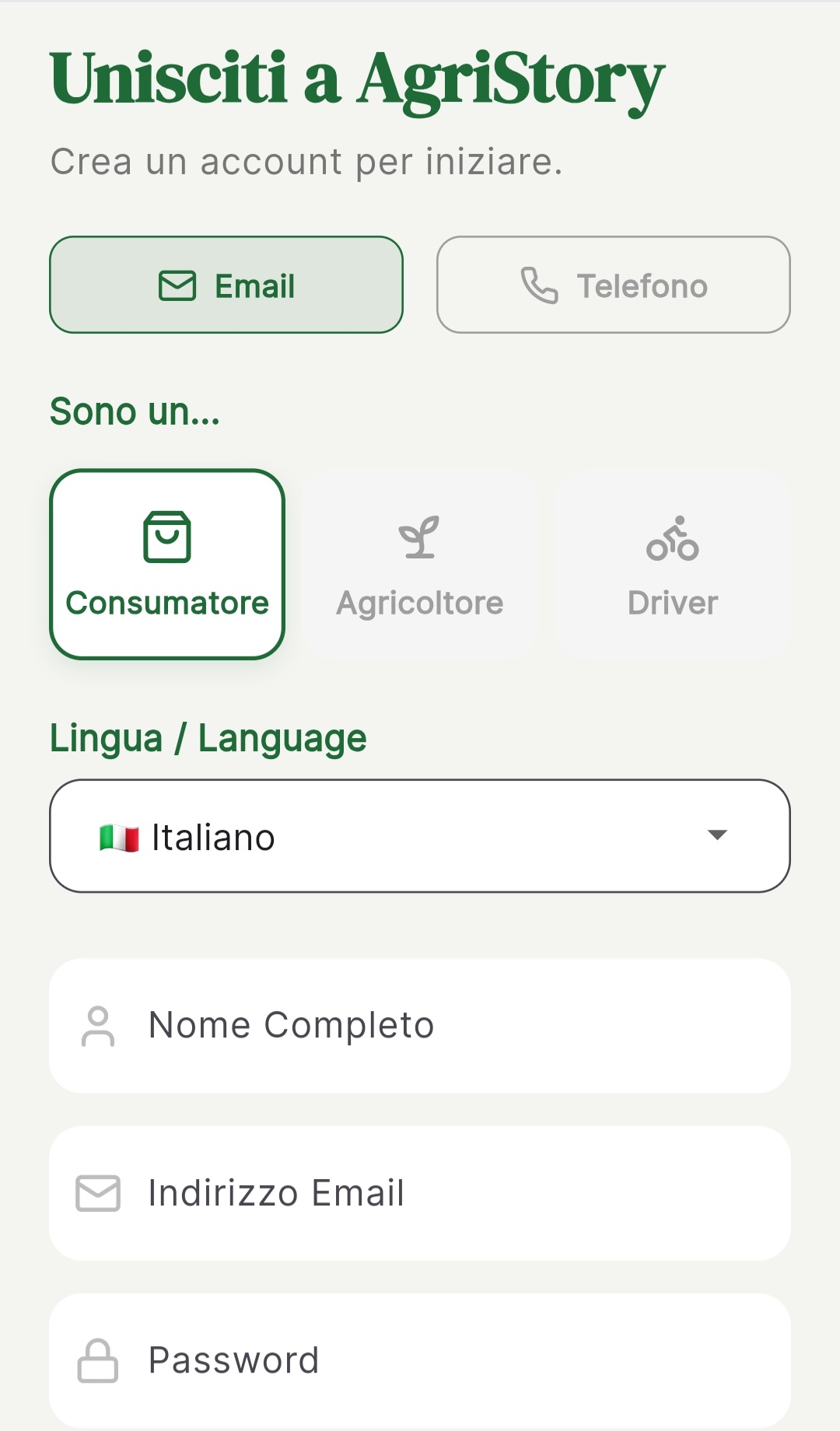 Schermata Registrazione AgriStory